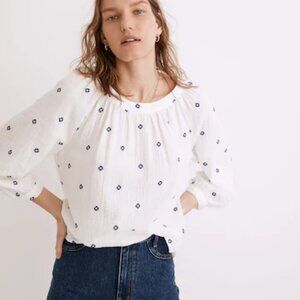 Madewell White Gauze  Blouse w/ Blue Embroidary, Size L, Cute Back Buttons